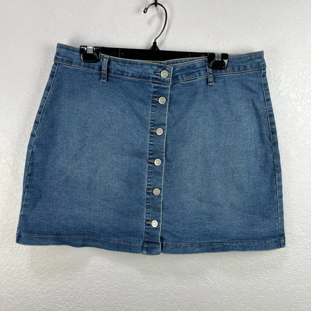 Celebrity Pink Skirt Women XL Blue Button Front A-Line Mini Stretch Denim TC0413